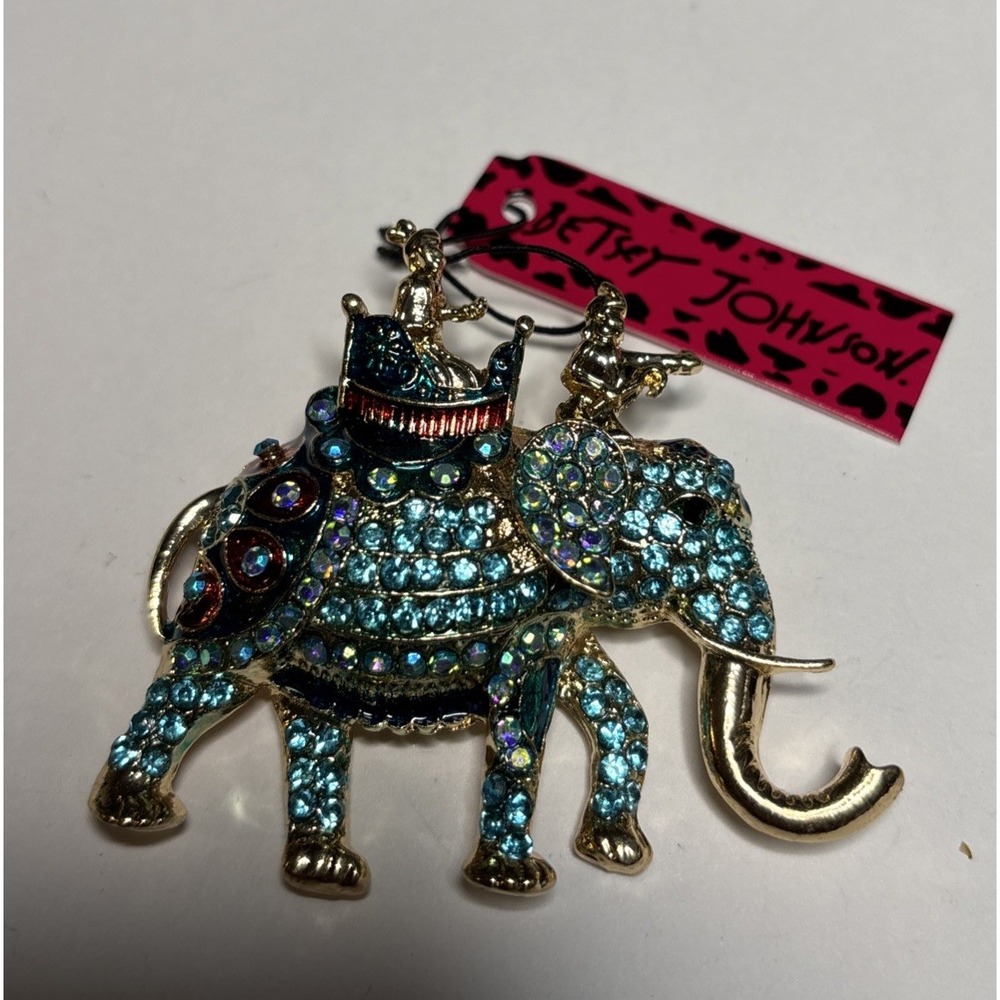 Betsey Johnson Elephant Brooch Blue Rhinestone Enamel Gold Tone New With Tag
